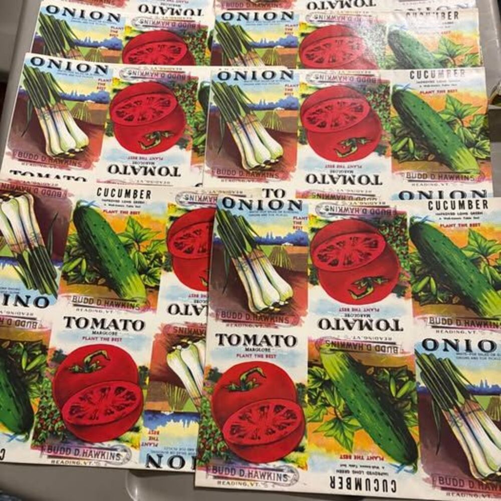 8 sheets vintage wrapping? paper seed packets illustrations of vegetables.